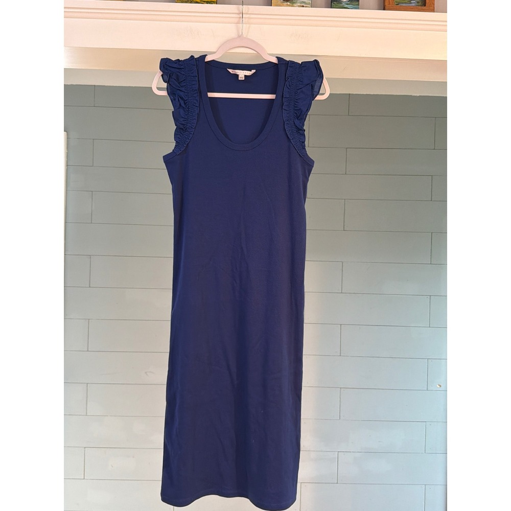 The Nines by Hatch Women Blue Ribbed Ruffle Shoulder Maternity Midi Dress Size M